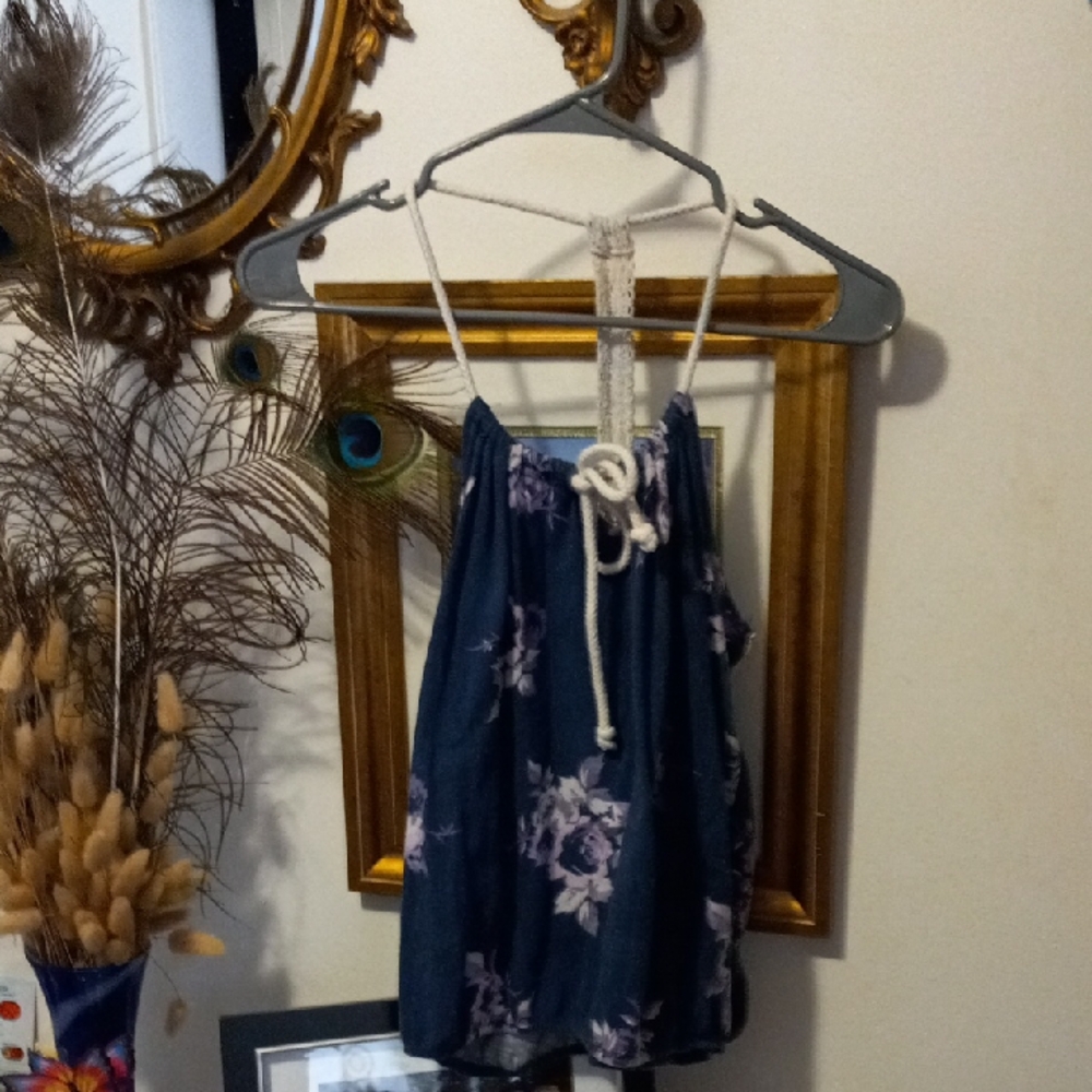 Navy Floral Cropped Halter Tank with Rope Tie